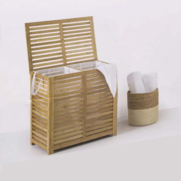 Bamboe Wasmand XL - Dubbele Wasmand - Met Deksel en Binnenzak - 60 x 40 x 58 cm