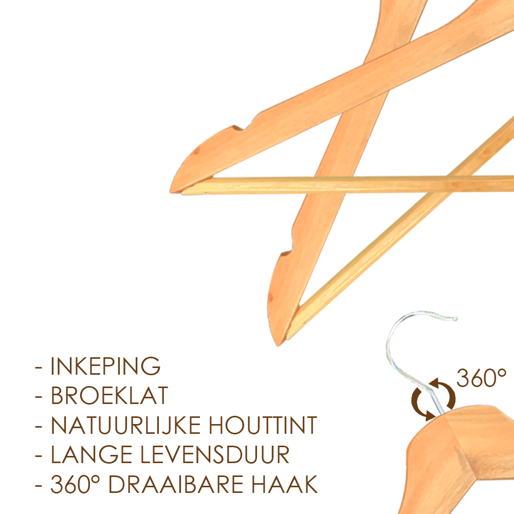 Houten kledinghanger - Met inkeping en broeklat - 32 stuks