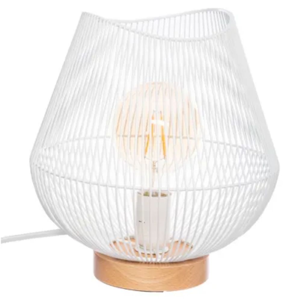 Jena - Industriële Tafellamp - Draadstaal met Houten Voet - Wit