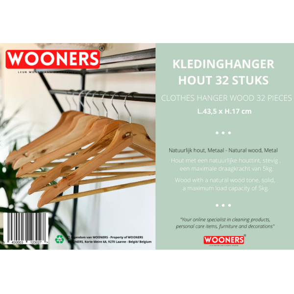 Wooners® Houten kledinghangers - 32 stuks - Met broeklat - Bruin